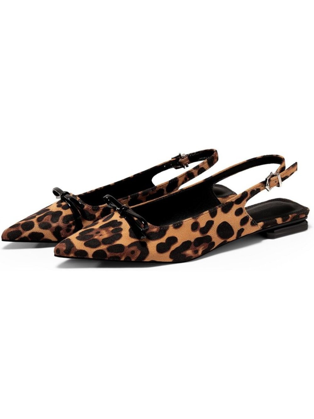 Women's Leopard Faux Leather Comfortable Flats Bow Buckle Slip Pointed Toe Shoes